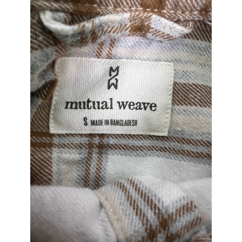 Mutual Weave Plaid Flannel Shirt White Brown Long Sleeve Button Up Size Small - Picture 6 of 9